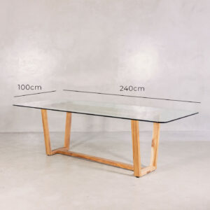 Evan Dining Table – Solid Wood Base & Glass Top 240cm